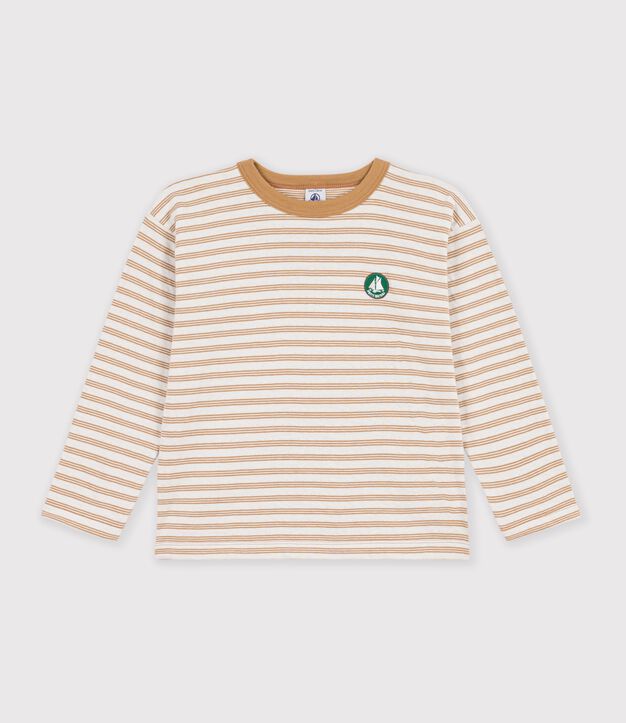 Children's long-sleeved stripy T-shirt beige/ecru/beige