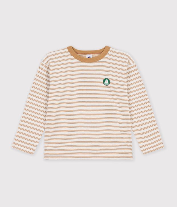 Children's long-sleeved stripy T-shirt beige/ecru/beige