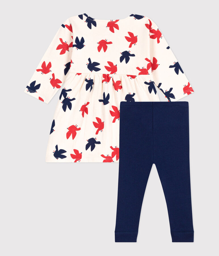 Babies' long-sleeved bird print cotton dress and leggings Ecru/multicolor