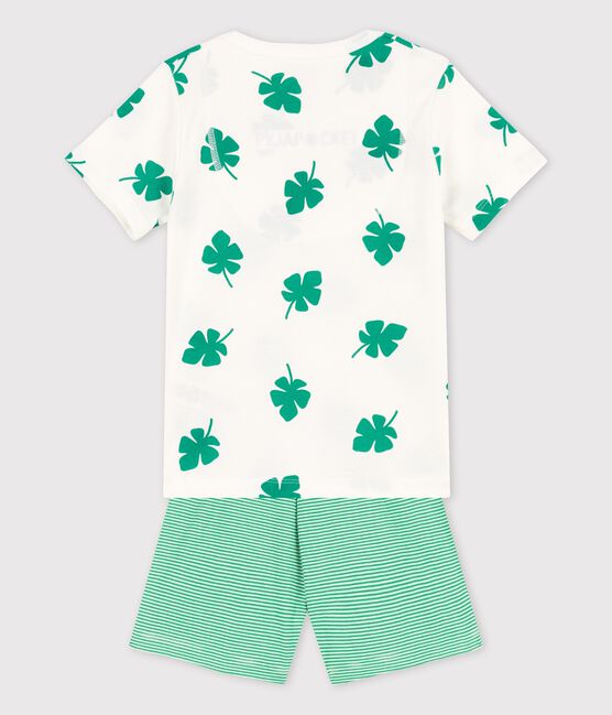 Boys' Palm Themed Organic Cotton Short Pyjamas MARSHMALLOW white/GAZON green