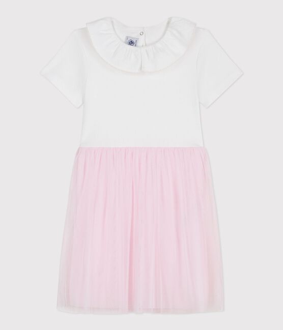 Children's short-sleeved cotton and tulle heart-patterned dress ECUME pink/BARELY