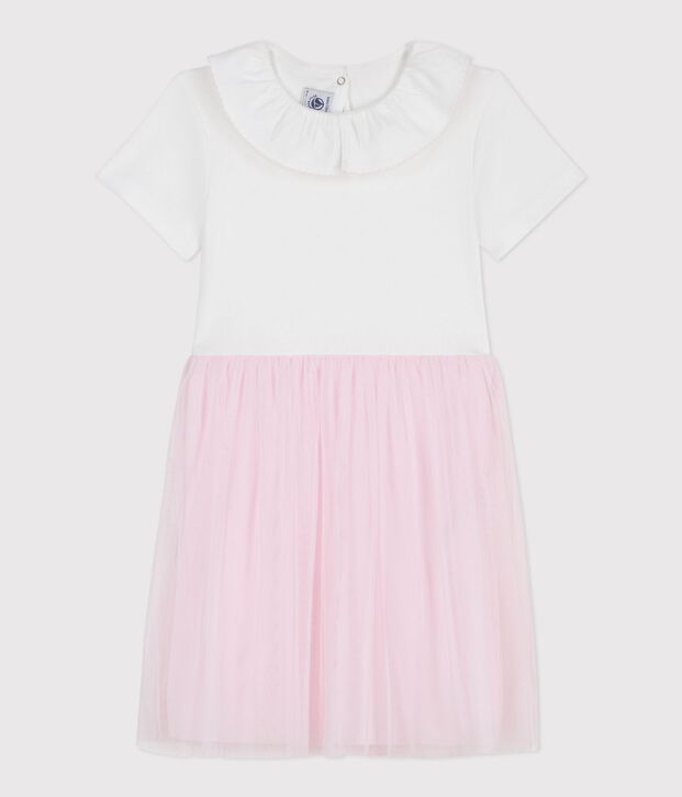 Children's short-sleeved cotton and tulle heart-patterned dress pink/pink