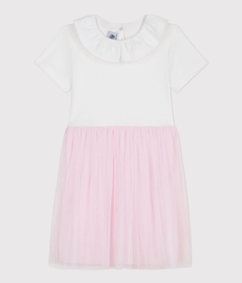 Children's short-sleeved cotton and tulle heart-patterned dress white/pink
