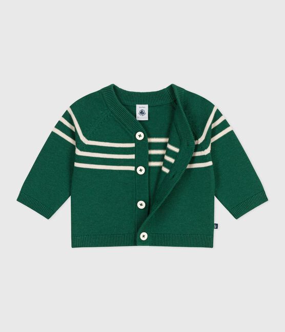 Babies' stripy wool and cotton knit cardigan WILLOW green/AVALANCHE