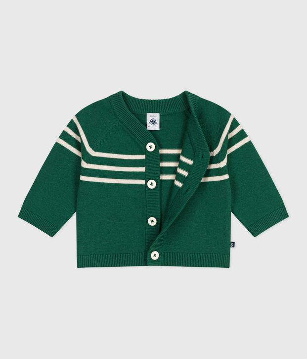 Babies' stripy wool and cotton knit cardigan green/ecru