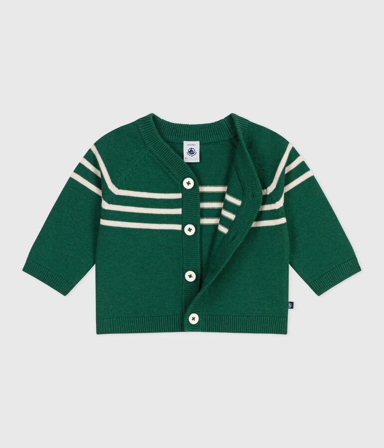 Babies' stripy wool and cotton knit cardigan green/ecru