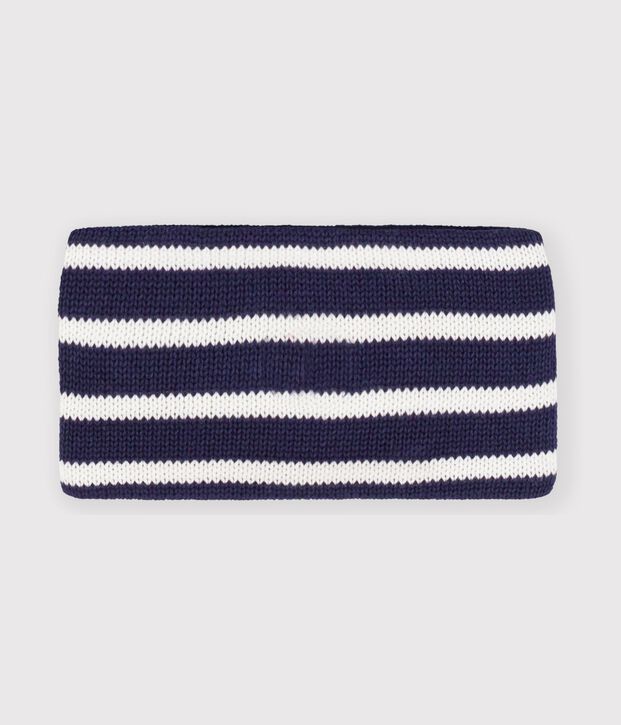 Babies' stripy fleece-lined knitted snood blue/ecru