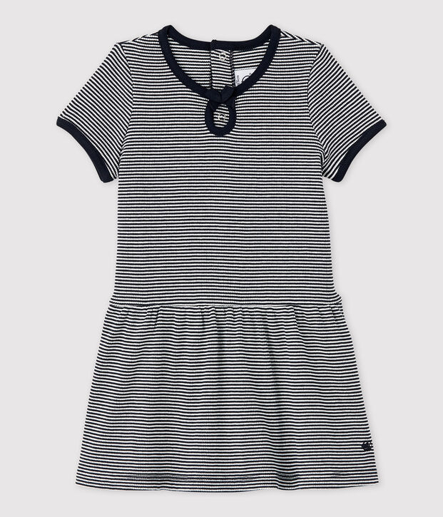 Baby Girls' Short-Sleeved 2x2 Rib Knit Dress. blue/white