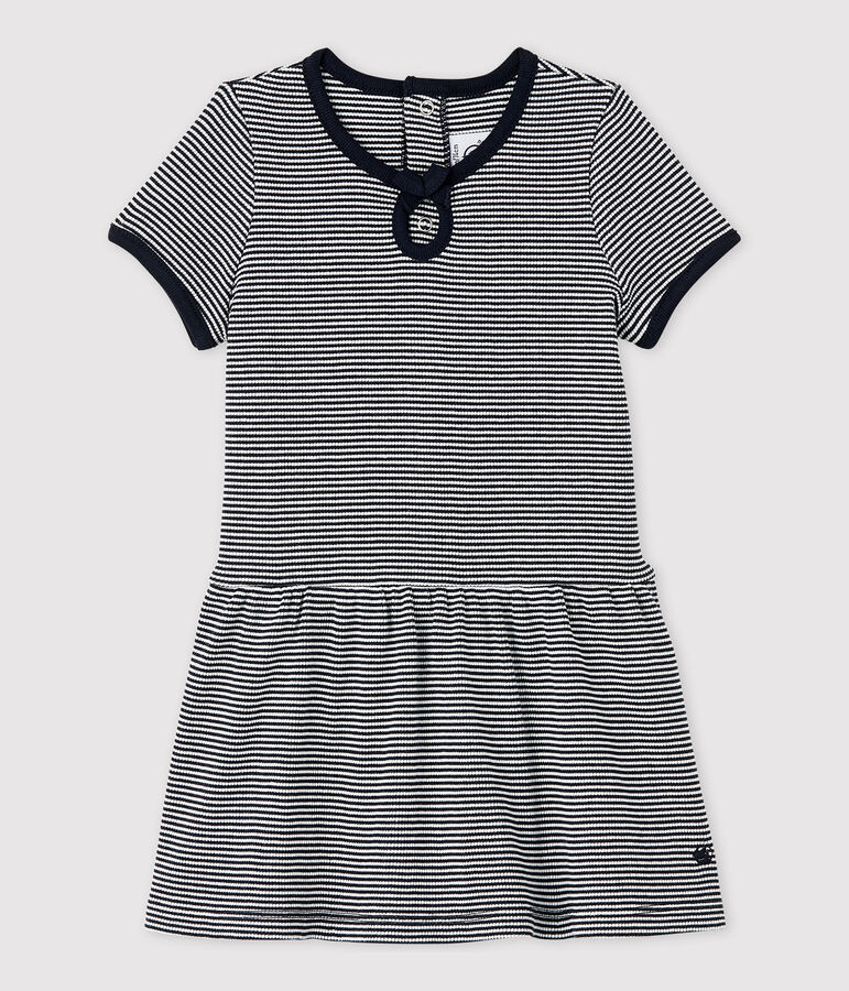 Baby Girls' Short-Sleeved 2x2 Rib Knit Dress. blue/white