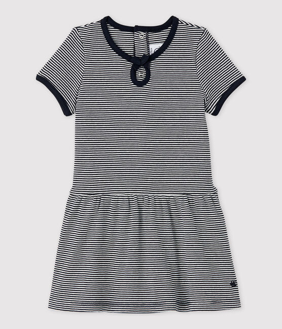 Baby Girls' Short-Sleeved 2x2 Rib Knit Dress. SMOKING blue/MARSHMALLOW white