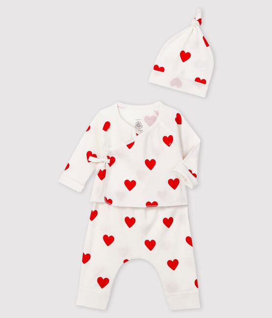 Babies' Red Heart Pattern Organic Cotton Clothing - 3-Piece Set MARSHMALLOW white/TERKUIT red