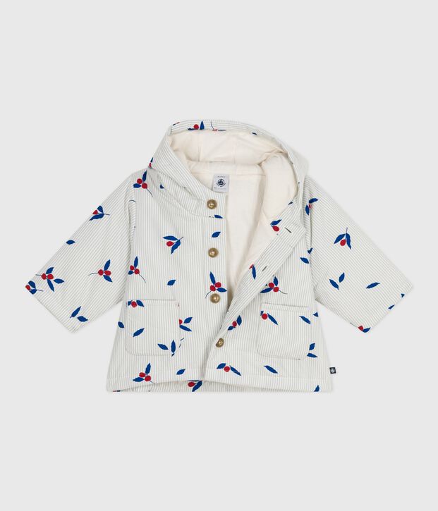 Babies' padded hooded coat in berry-printed poplin blue/multicolor