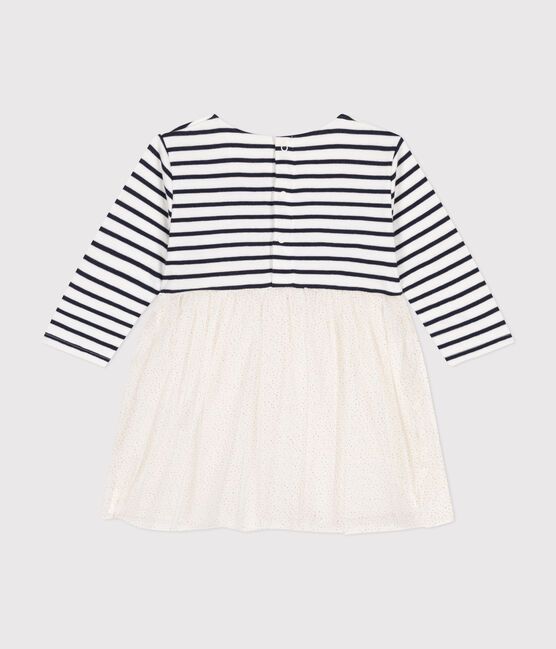 Babies' dress in stripy tube knit and tulle MARSHMALLOW white/MULTICO white