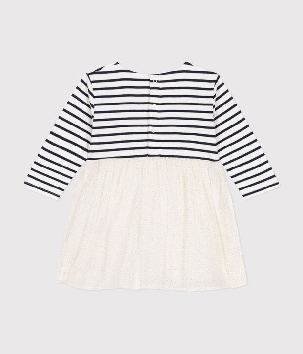 Babies' dress in stripy tube knit and tulle white/multicolor
