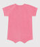 Babies' short-sleeved plain cotton towelling playsuit with a badge PEONIA pink