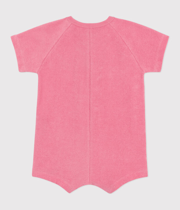 Babies' short-sleeved plain cotton towelling playsuit with a badge pink