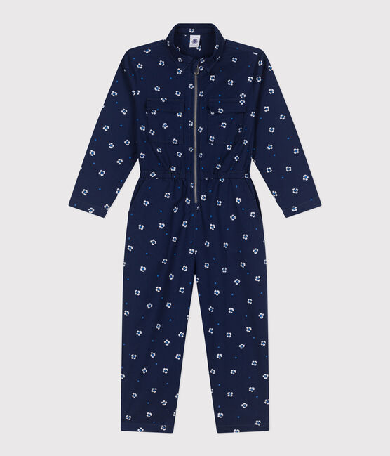 Children's long-sleeved floral cotton jumpsuit MEDIEVAL blue/MARSHMALLOW white