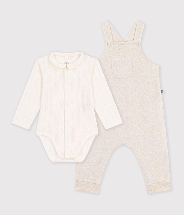 Babies' plain dungarees and body set in cotton with a collar Ecru/ecru