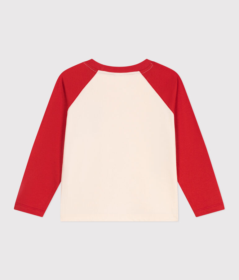 Children's long-sleeved colourblock cotton T-shirt Ecru/red