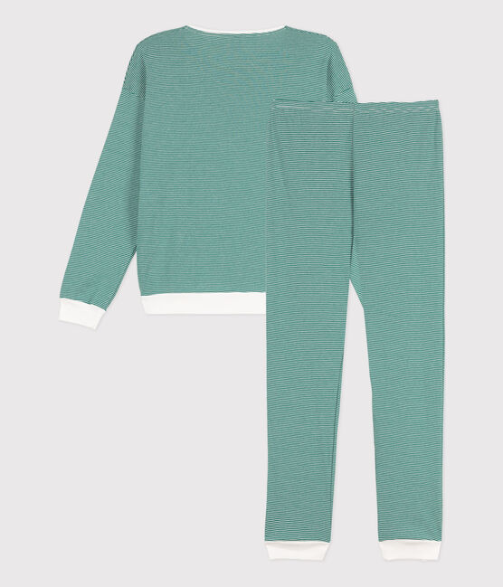 Women's Pinstriped Cotton Pyjamas EVERGREEN /MARSHMALLOW
