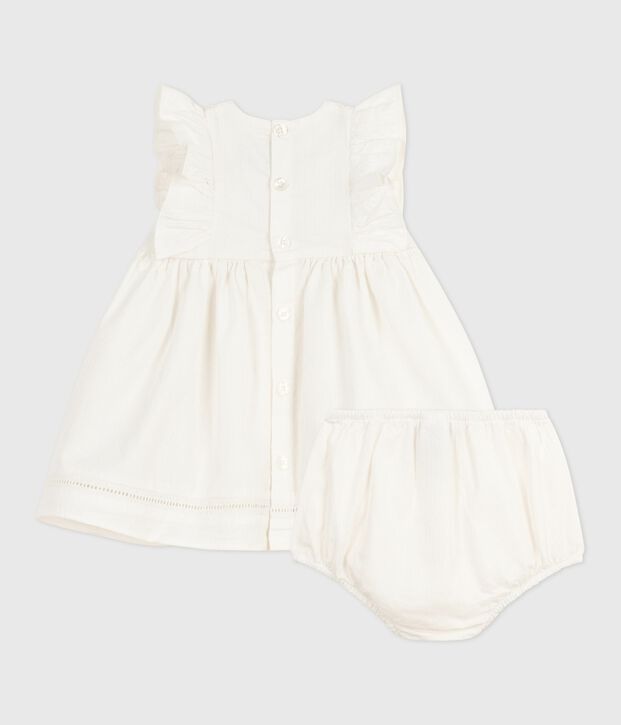 Babies' plain and embroidered sleeveless cotton dress with matching bloomers white