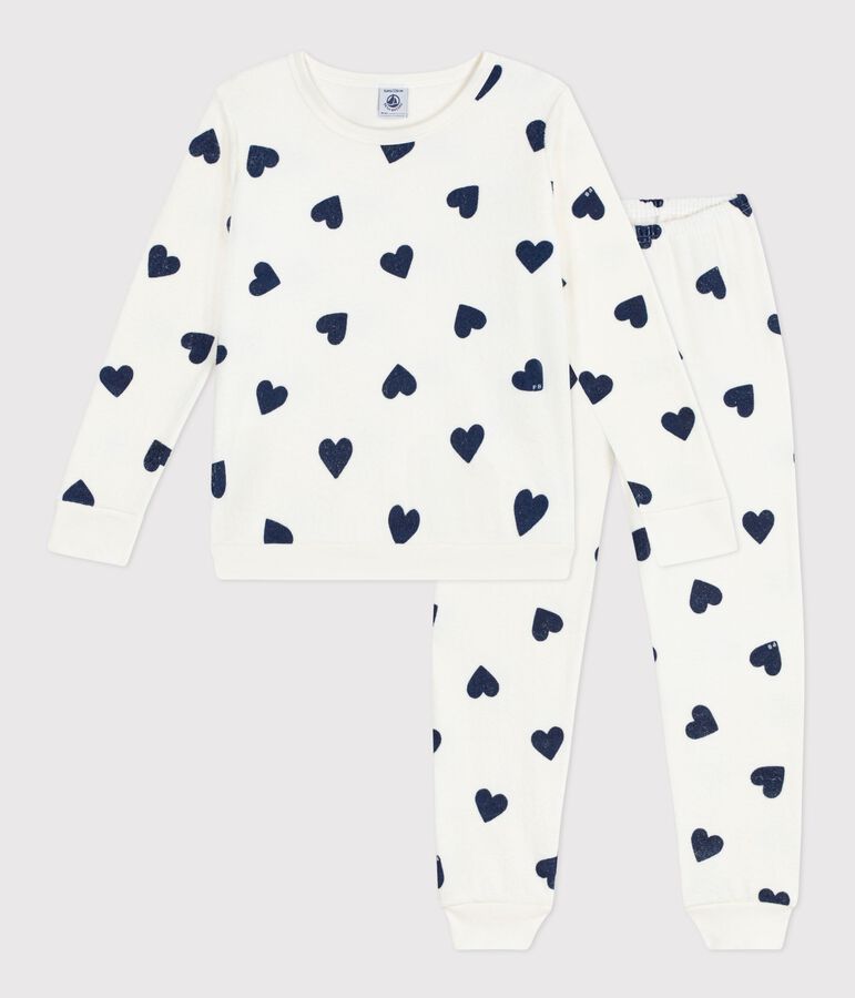 Children's cotton terry pyjamas printed with hearts Ecru/blue