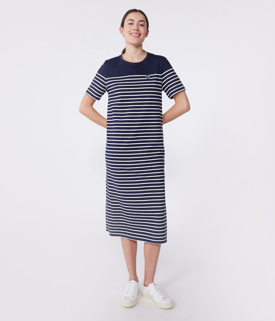 Women's long striped cotton dress SMOKING blue/MARSHMALLOW white