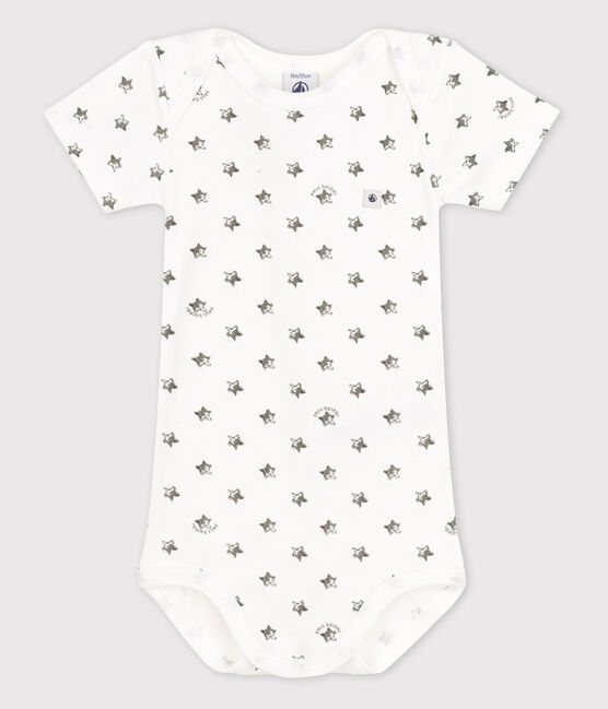 Babies' Short-Sleeved Bodysuit ECUME white/ORAGE grey/MEDIEVAL