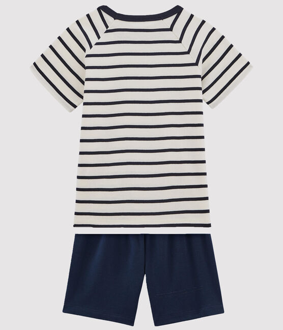 Boys' Short Cotton Pyjamas with Sailor Stripes MARSHMALLOW white/SMOKING blue