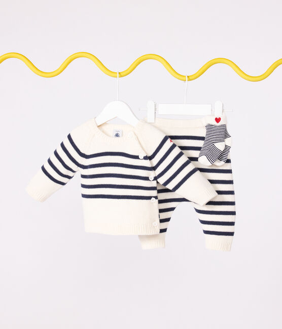 Babies' 2-piece stripy knit Breton top outfit MARSHMALLOW blue/SOIR