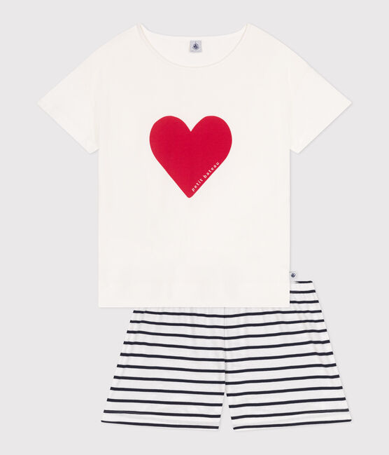 Women's short heart print cotton pyjamas MARSHMALLOW white/SMOKING blue