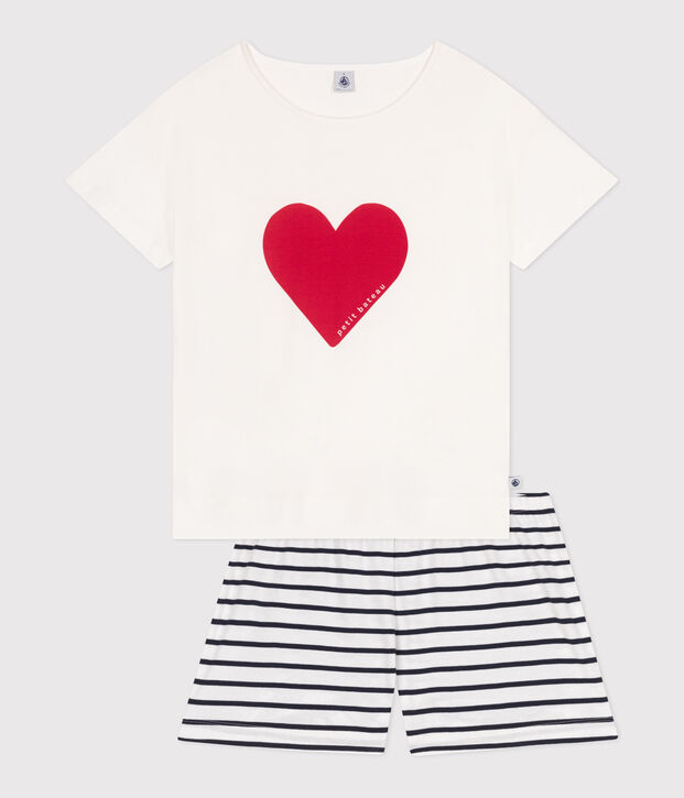 Women's short heart print cotton pyjamas white/blue