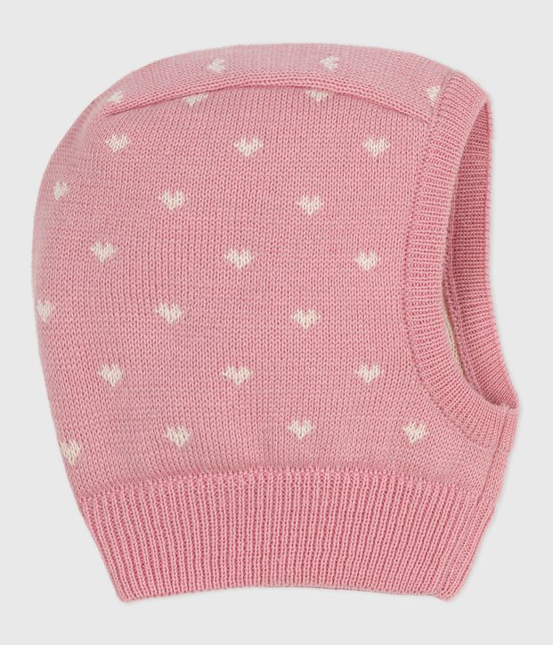 Babies' balaclava in wool and cotton pink/white