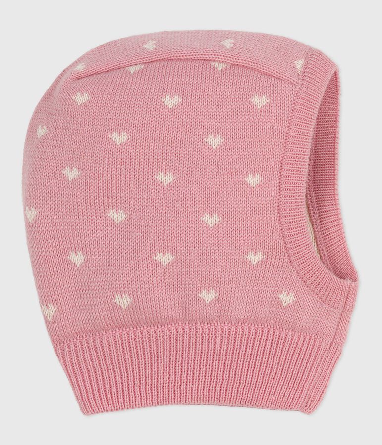 Babies' balaclava in wool and cotton pink/white
