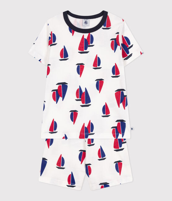 Children's boat-print cotton pyjama shorts MARSHMALLOW white/MULTICO white