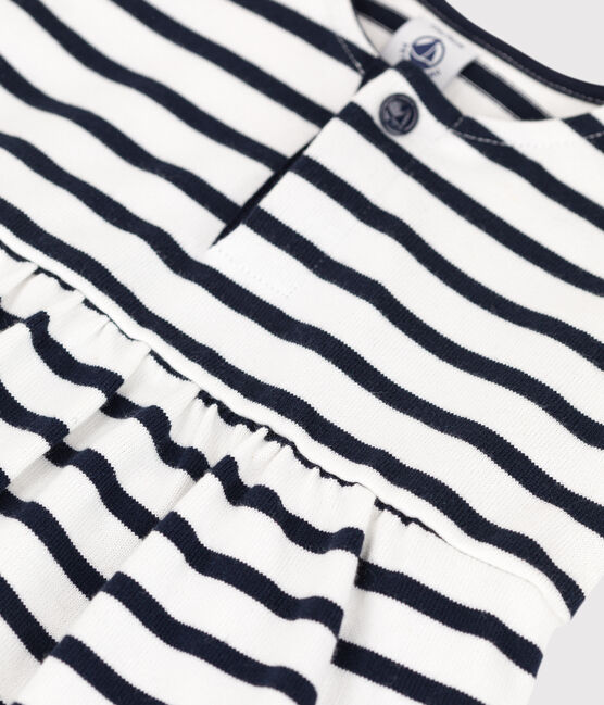 Babies' Short-Sleeved Stripy Thick Jersey Breton Dress MARSHMALLOW white/SMOKING blue