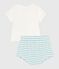Newborn babies' two-piece cotton set with a stripy bottom half MARSHMALLOW blue/AQUATIC
