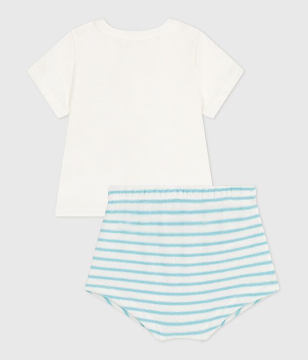 Newborn babies' two-piece cotton set with a stripy bottom half blue/blue
