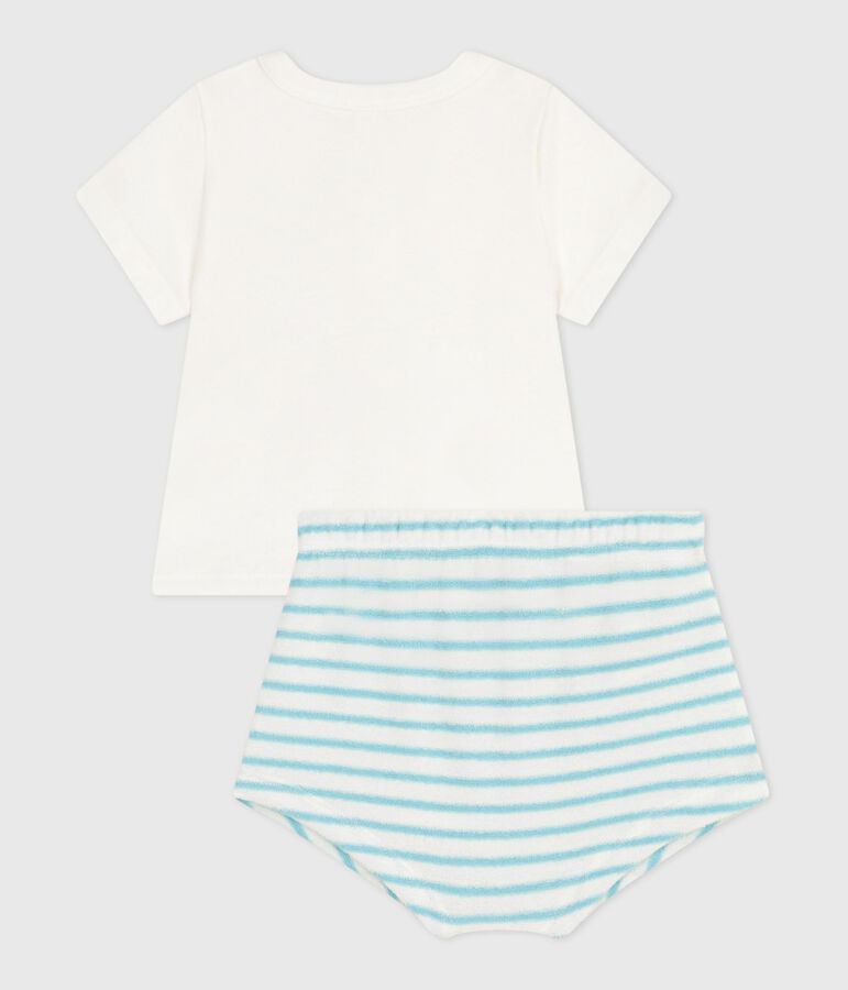 Newborn babies' two-piece cotton set with a stripy bottom half white/blue