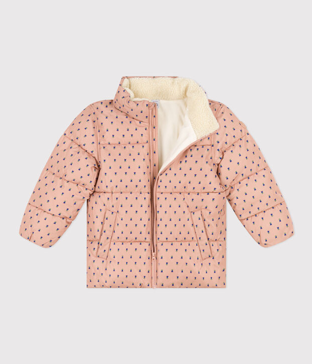 Girls' puffer jacket with fold-out hood beige/multicolor