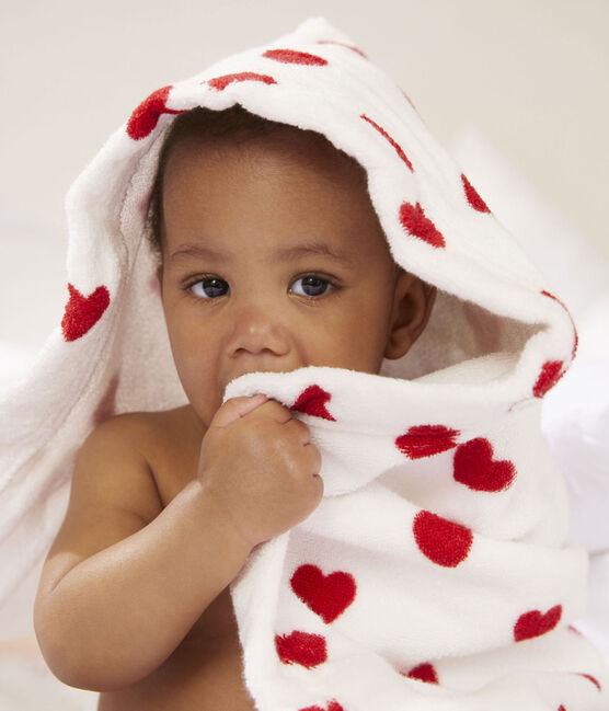 Babies' Heart Pattern Terry Bath Cape MARSHMALLOW white/TERKUIT red
