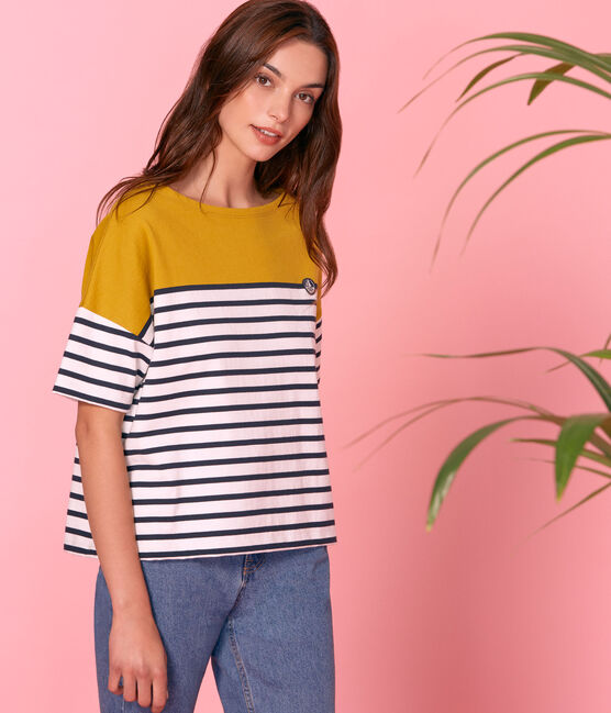 Women's short-sleeved stripy breton top BAMBOO yellow/MARSHMALLOW white/SMOKING