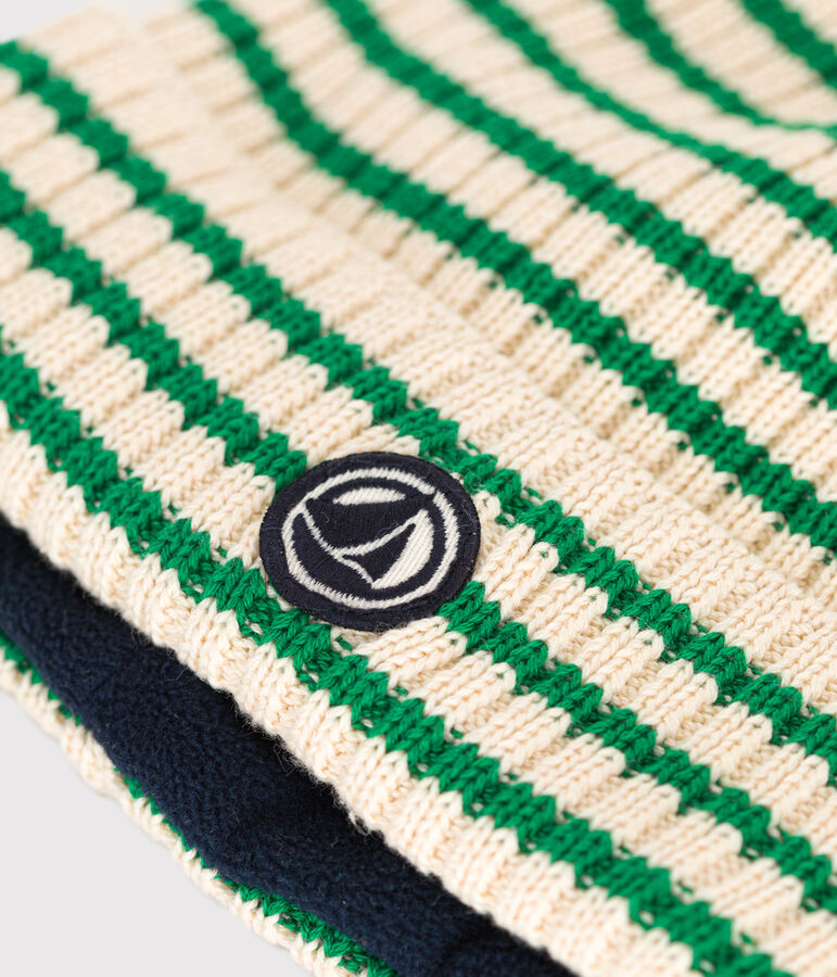 Children's stripy knitted beanie hat lined in polar fleece AVALANCHE green/JARDIN