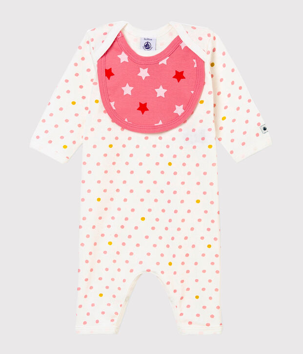 Baby girl's footless sleepsuit and bib white/multicolor