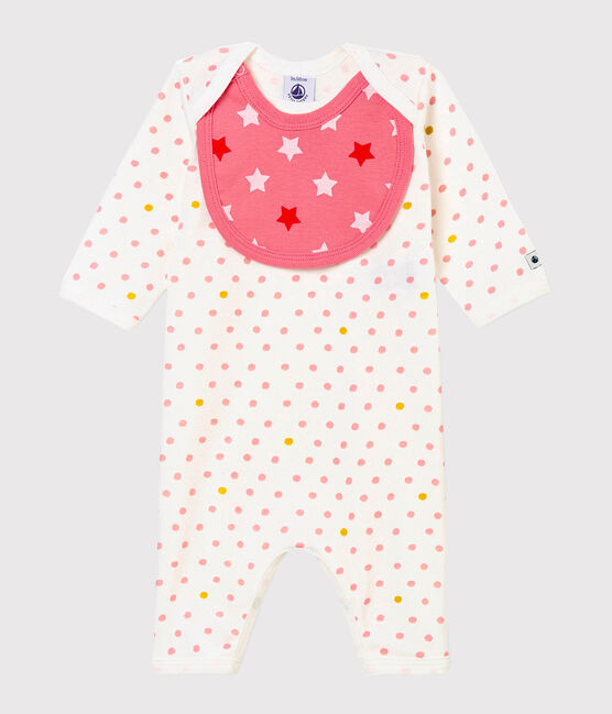 Baby girl's footless sleepsuit and bib MARSHMALLOW white/MULTICO white