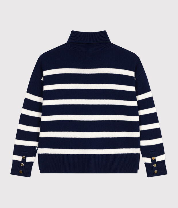 Women's striped wool and cotton jumper with a stand-up collar blue/white