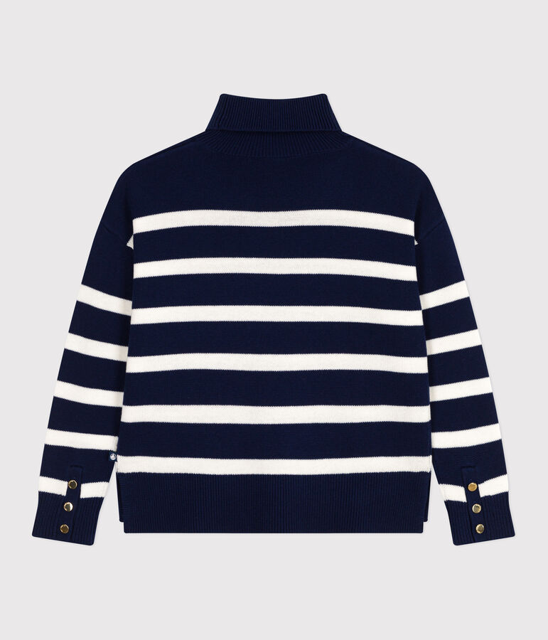 Women's striped wool and cotton jumper with a stand-up collar blue/white