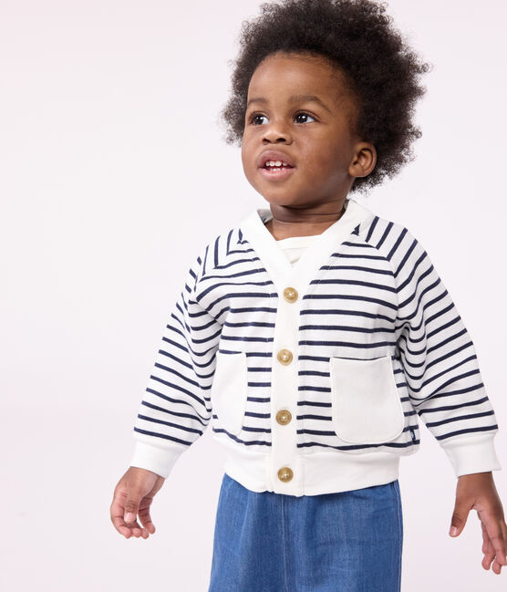 Babies' thick jersey cardigan MARSHMALLOW white/SMOKING blue