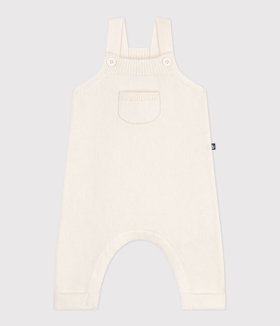 Babies' plain dungarees knitted in wool and cotton MARSHMALLOW white