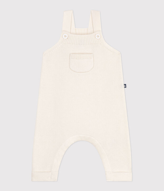 Babies' plain dungarees knitted in wool and cotton white